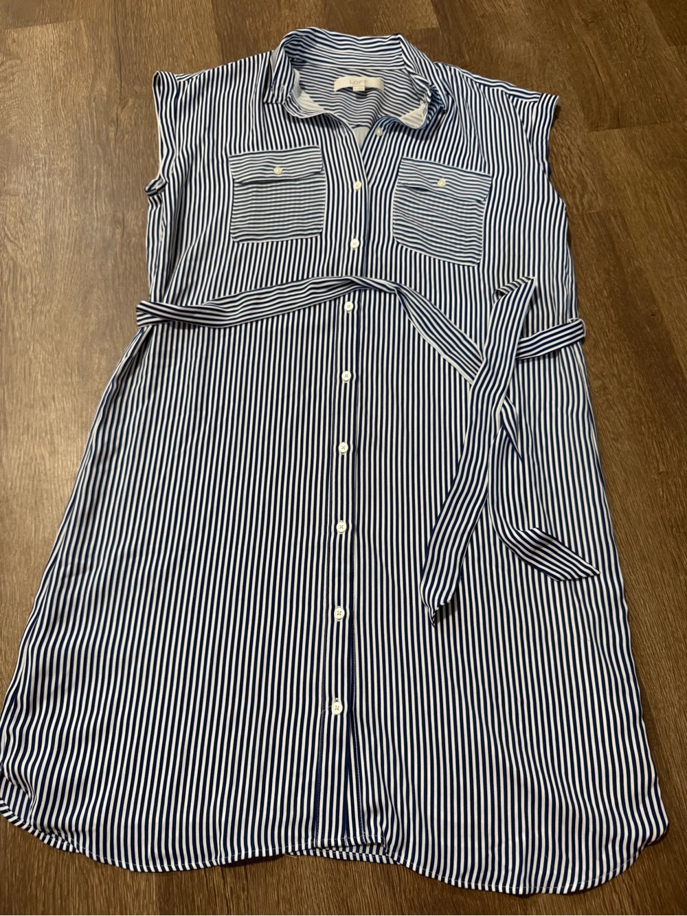 LOFT Striped Button Down Dress With Tie Size Small